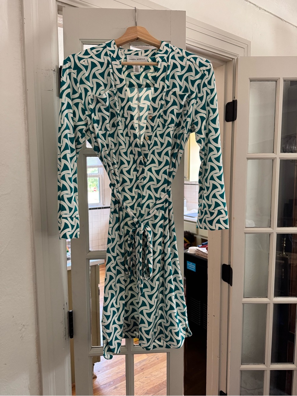 Printed Wrap Dress in Teal and White - Women Size 4